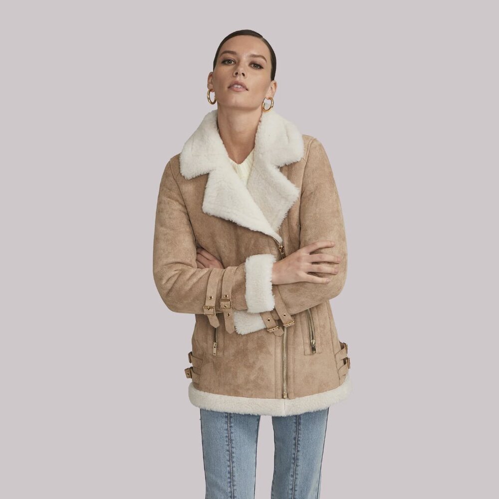 NEW Generation Love Size S, L - Nikita Faux Suede Shearling Jacket - Taupe/White